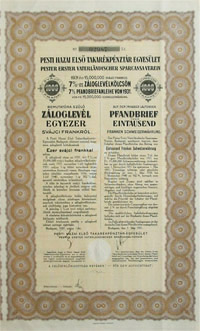 Pesti Hazai Első Takarékpénztár-Egyesület záloglevél 1000 frank 1931