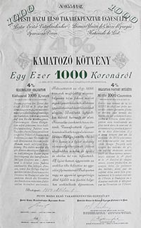 Pesti Hazai Els Takarkpnztr-Egyeslet 4% kamatoz ktvny 1000 korona 1904