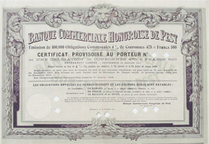 Pesti Magyar Kereskedelmi Bank kötvény 500 frank 1911