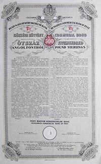 Pesti Magyar Kereskedelmi Bank községi kötvény 500 font 1930
