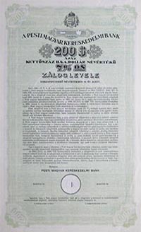Pesti Magyar Kereskedelmi Bank zloglevl 200 dollr 1930