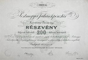 Pestmegyei Takarékpénztár Részvénytársaság részvény 200 korona 1913