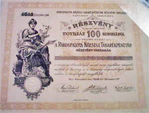 Rákospalota Községi Takarékpénztár Részvénytársaság részvény 100 korona 1896