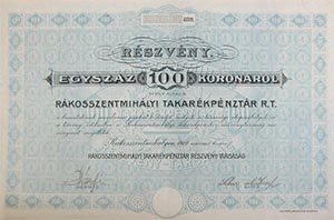 Rákosszentmihályi Takarékpénztár Részvénytársaság részvény 100 korona 1910