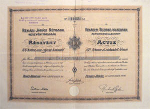 Rkasi Jrsi Npbank Rszvnytrsasg rszvny 100 korona 1906Temesrkas