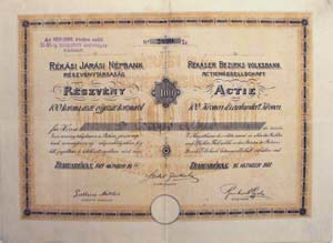 Rékasi Járási Népbank Részvénytársaság részvény 100 korona 1911 Temesrékas