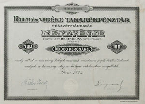 Rum és Vidéke Takarékpénztár Részvénytársaság részvény 100000 korona 1925