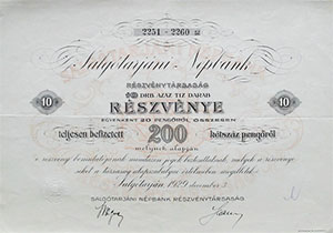 Salgótarjáni Népbank Részvénytársaság részvény 10x20 200 pengő 1929