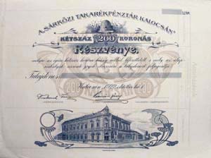 Sárközi Takarékpénztár Kalocsán Részvénytársaság részvény 200 korona 1922