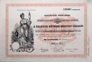 Selmeczi Népbank Részvénytársaság részvény 100 korona 1915 Selmeczbánya