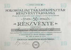 Sokoróaljai Takarékpénztár Részvénytársaság részvény 10x5 50 pengő 1930 Tét