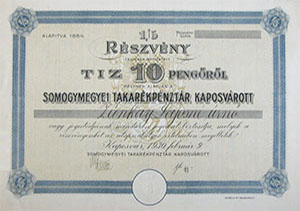 Somogymegyei Takarkpnztr Kaposvrott 1/5 rszvny 10 peng 1930 Kaposvr