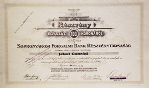 Sopronvárosi Forgalmi Bank Részvénytársaság részvény 100 korona 1918 Sopron