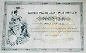 Soroksr-Haraszti-Taksonyi Takarkpnztr Rszvnytrsasg rszvny 50 peng 1930