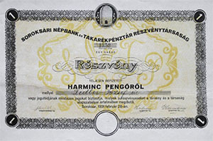 Soroksári Népbank és Takarékpénztár Részvénytársaság részvény 30 pengő 1931