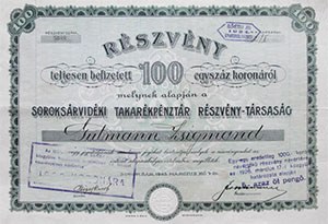 Soroksrvidki Takarkpnztr Rszvnytrsasg rszvny 100 korona 1923 Soroksr