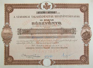 Szabadkai Takarkpnztr Rszvnytrsasg rszvny 10x100 1000 peng 1941