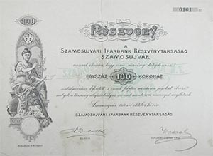 Szamosújvári Iparbank Részvénytársaság részvény 100 korona 1910