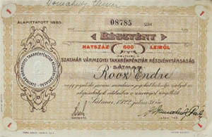 Szatmr Vrmegyei Takarkpnztr Rszvnytrsasg rszvny 600 lei 1922
