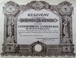 Szatmárvármegyei Gazdasági Bank Részvénytársaság részvény 25 pengő 1926 Mátészalka