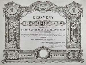Szatmárvármegyei Gazdasági Bank Részvénytársaság részvény 25 pengő 1941 Szatmárnémeti