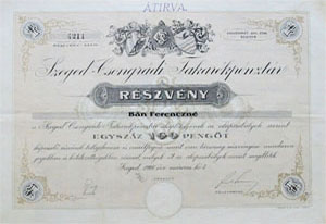 Szeged-Csongrdi Takarkpnztr Rszvnytrsasg rszvny 100 peng 1928
