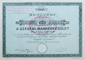 Szegedi Bankegyesület Részvénytársaság részvény 3000 korona 1923