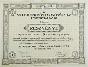 Szeghalomvidéki Takarékpénztár Részvénytársaság részvlny 6 pengő 1929 Szeghalom