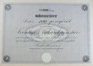 Szentesi Takarkpnztr Rszvnytrsasg rszvny 100 peng 1926 Szentes