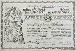 Széplaki Takarékpénztár Részvénytársaság részvény 300 lei 1927 Berettyszéplak