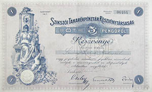 Szikszi Takarkpnztr Rszvnytrsasg rszvny 5 peng 1928 Sziksz