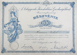 Szilágycsehi Kereskedelmi és Gazdasági Bank Részvénytársaság részvény 200 korona 1910 Szilágycseh