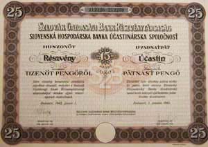 Szlovk Gazdasgi Bank Rszvnytrsasg rszvny 25x15 peng 1942