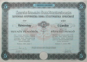 Szlovák Gazdasági Bank Részvénytársaság részvény 5x15 pengő 1942