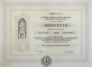 Szolnoki Hitelbank Részvénytársaság részvény 100 pengő 1929 Szolnok