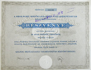 Szolnoki Mezőgazdasági Takarékpénztár Részvénytársaság részvény 15 pengő 1926 Szolnok