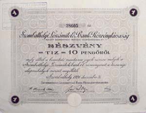 Szombathelyi Laszmitol Bank Rszvnytrsasg rszvny 10 peng 1926