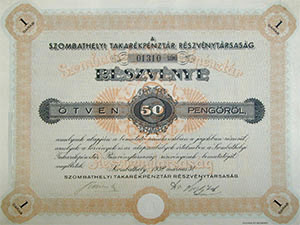 Szombathelyi Takarékpénztár Részvénytársaság részvény 50 pengő 1938