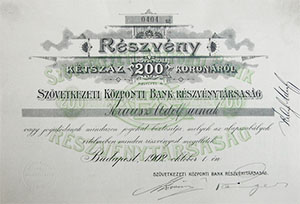 Szövetkezeti Központi Bank Részvénytársaság részvény 200 korona 1902
