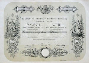 Takarék- és Hitelintézet Részvénytársaság Nagybittse részvény 50 forint 100 korona 1896