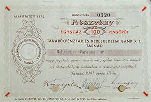 Takarkpnztr s Kereskedelmi Bank Rszvnytrsasg  rszvny 100 peng 1941 Tasnd