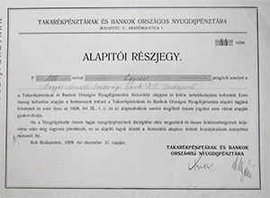 Takarékpénztárak és Bankok Országos Nyugdíjpénztára alapítói részjegy 1000 pengő 1929