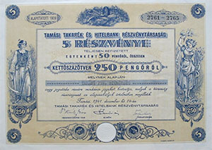 Tamási Takarék- és Hitelbank Részvénytársaság részvény 5x50 250 pengő 1941