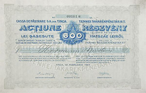 Tenkei Takarkpnztr Rszvnytrsasg rszvny 600 lei 1927 Tenke