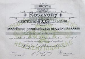 Tisza-fredi Takarkpnztr Rszvnytrsasg rszvny 400 korona 1924
