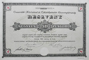 Tiszavidki Hitelintzet s Takarkpnztr Rszvnytrsasg  rszvny 40 peng 1926 Szolnok