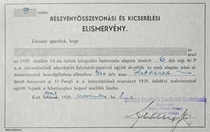 Tiszavidéki Hitelintézet és Takarékpénztár Részvénytársaság részvényösszevonási és kicserélési elismervény 1939 Szolnok