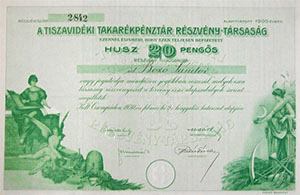 Tiszavidéki Takarékpénztár Részvénytársaság részvény 20 pengő 1930 Csongrád