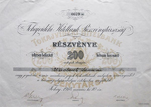 Tokajvidéki Hitelbank Részvénytársaság részvény 200 korona 1918 Tokaj