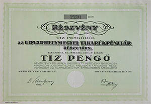 Udvarhelymegyei Takarékpénztár Részvénytársaság részvény 10 pengő 1941 Székelyudvarhely